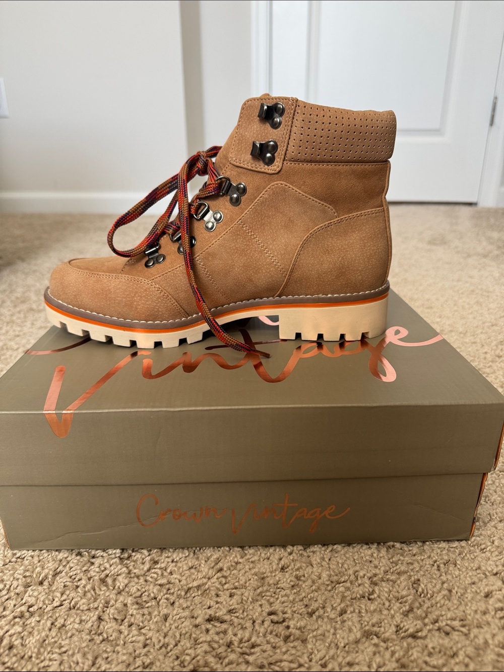 Crown Vintage Tan Suede Lace-Up Lug Boot with Red Accent Laces
